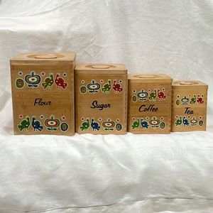Vtg Cottage Mid Century 1960s Wood Folk Canisters